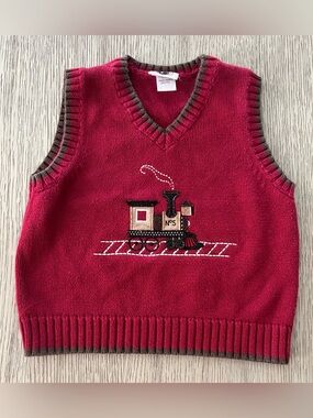 Good Lad toddler boy red v neck sweater Vest with Brown Trim and Train Patch